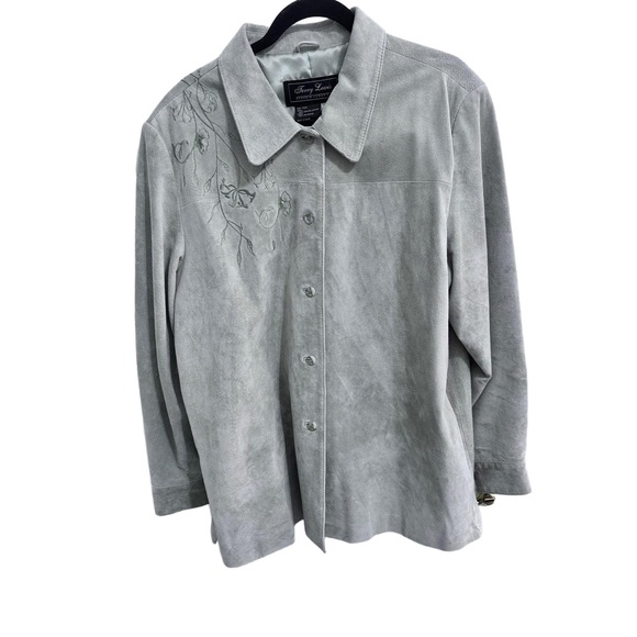 Terry Lewis Sage All Leather Floral Embroidery    suede Jacket and skirt 1X - Picture 3 of 16